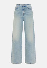 Lichtblauwe wijde spijkerbroek van denim, met een hoge taille, voorzakken en een licht versleten uitstraling. Netjes afgewerkte zoom.