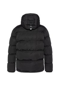 Sort isoleret dunjakke med hætte, chunky quiltet design og elastiske manchetter. Glat tekstur med diskret glans.