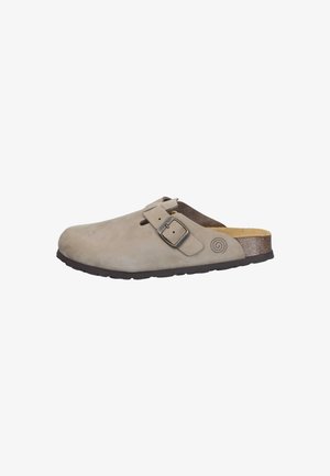 Light gray suede clog with a rounded toe, adjustable strap with metallic buckle, cork insole, and textured rubber sole.