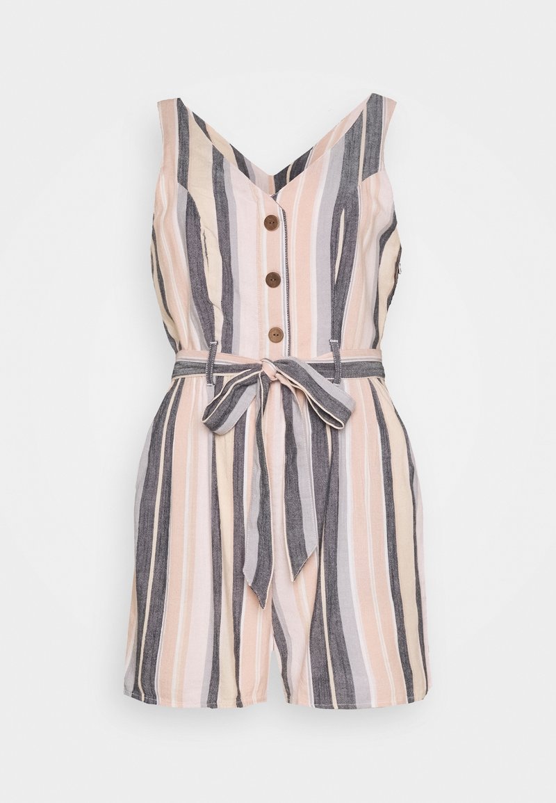 Combinaison sans manches à col en V avec des rayures verticales beige, rose et grises, trois boutons à l'avant et une ceinture en tissu nouée à la taille.