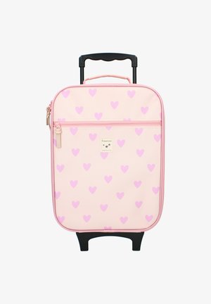Kleine rosa Fahrkoffer für Kinder mit lila Herzmuster, vorderer Reißverschlusstasche und schwarzen Griff und Rädern.