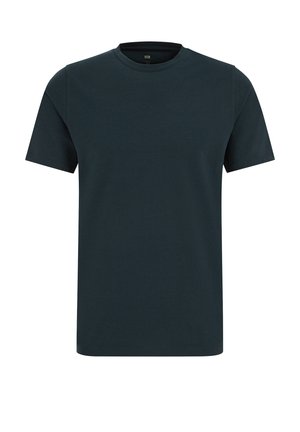 Lihtne tumedat meresinist värvi lühikeste varrukatega ümmarguse kaelusega puuvillane T-särk, lõdva istuvusega, valgel taustal.