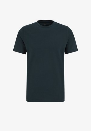 Schlichtes, dunkelmarineblaues, kurzärmeliges Baumwoll-T-Shirt mit Rundhalsausschnitt und lässiger Passform, präsentiert vor weißem Hintergrund.
