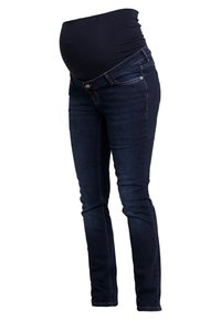 Graviditetsjeans i mörkblå denim med en elastisk över-buken midja, smal passform och standard femfickorsdesign.