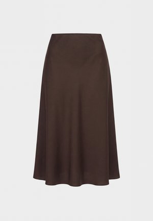 Brown A-line midi skirt with smooth fabric and a simple waistband, displayed against a plain light background.