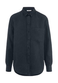 Camicia nera con bottoni, maniche lunghe, colletto e taschino frontale. Realizzata in tessuto morbido con una finitura leggermente strutturata.