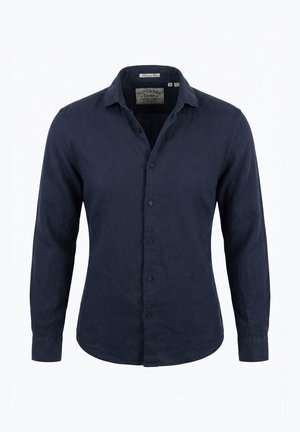 Donkerblauw overhemd voor heren met lange mouwen, knoopsluiting, kraag en zichtbare merklabel aan de binnenkant van de hals.