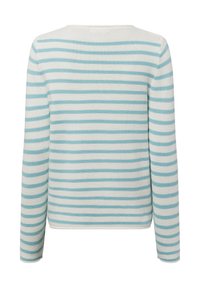 Sweater met lange mouwen, voorzien van horizontale blauw-witte strepen, gebreide textuur en een ronde halslijn. De achterkant toont naaddetails.