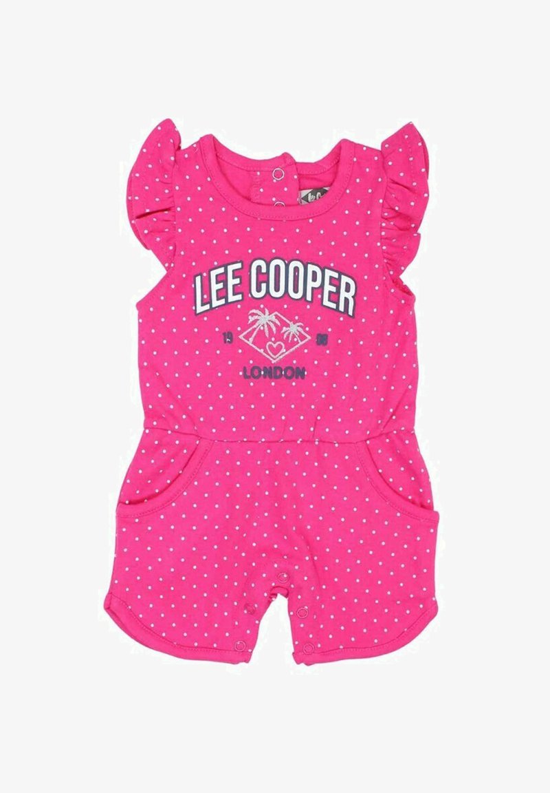 Combinaison en coton rose avec des pois blancs, manches évasées et imprimé graphique. Dotée de boutons-pression et de poches latérales.