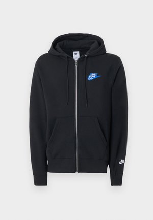 Black zip-up hoodie with front pockets, drawstring hood, blue "Just Do It" logo on chest, and white Nike logo on left sleeve.