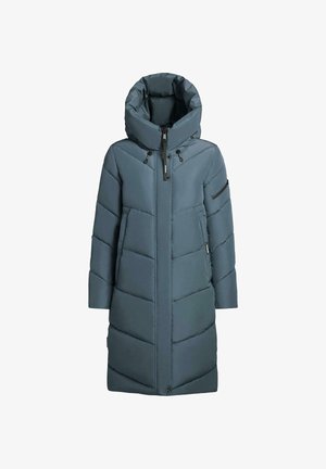 Lang, mørk teal, polstret vinterjakke med stor hætte, frontlynlås, trykknapper og lynlåslomme på ærmet.