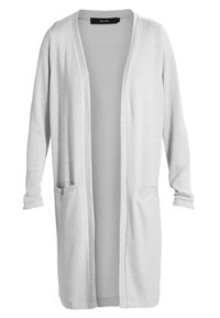 Světlý šedý dlouhý kardigan vyrobený z měkké tkaniny, s otevřeným předním dílem, dlouhými rukávy a dvěma předními kapsami. Hladká textura, volný střih.