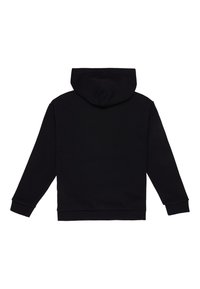 Sudadera negra con una capucha espaciosa, mangas largas y un dobladillo de canalé. Fabricada con material suave y una textura lisa, sin patrones visibles.