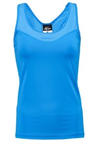 Niebieski top na ramiączkach wykonany z gładkiego, odprowadzającego wilgoć materiału. Posiada okrągły dekolt, akcenty z siateczki oraz dopasowany krój, idealny do odzieży sportowej.