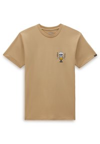 Beige puuvillapaita, pyöreä kaula-aukko, lyhyet hihat. Vasemmassa rinnassa on pääkallon ja jäätelön grafiikka, jossa on teksti "VANS 1966".