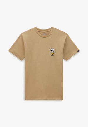 Beige cotton t-shirt, crew neck, short sleeves. Features a skull and ice cream graphic on the left chest with "VANS 1966" text.