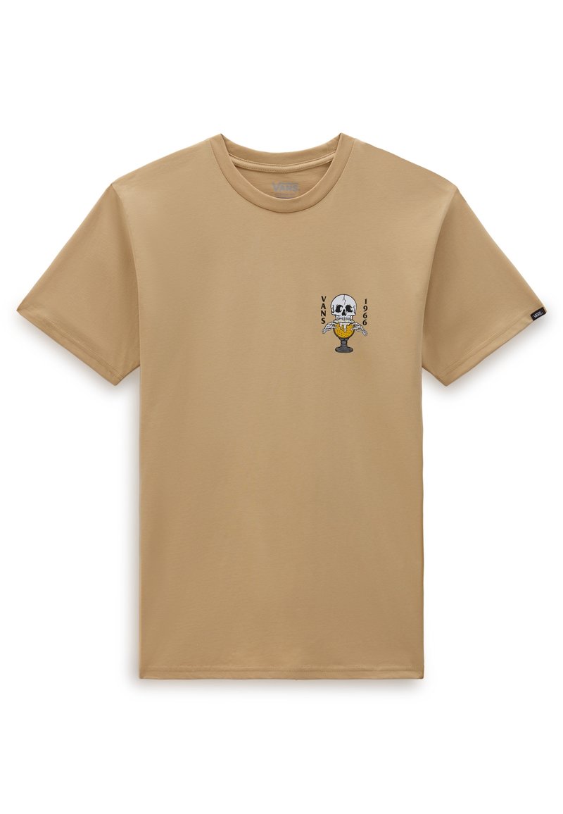 Beige puuvillapaita, pyöreä kaula-aukko, lyhyet hihat. Vasemmassa rinnassa on pääkallon ja jäätelön grafiikka, jossa on teksti "VANS 1966".