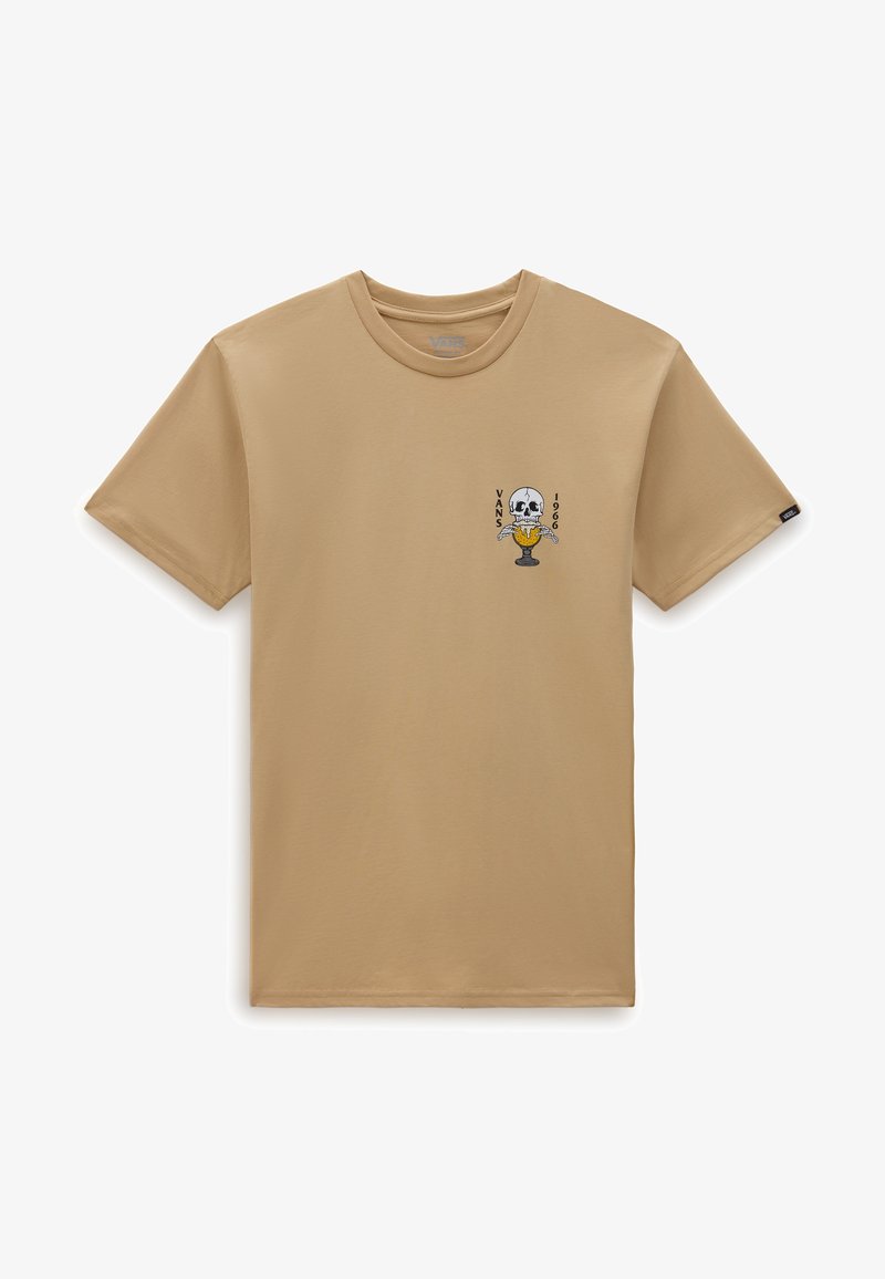 Béžové bavlněné tričko, kulatý výstřih, krátké rukávy. Na levé části hrudi je motiv lebky a zmrzliny s textem "VANS 1966".