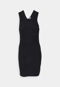 Robe noire en tricot avec un profond décolleté en V, sans manches, de forme ajustée et à la texture lisse, adaptée à diverses occasions.