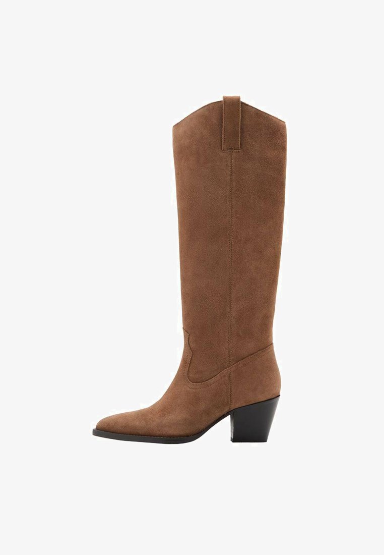 Brown suede knee-high boot with a pointed toe, slanted heel, and decorative stitching on the shaft. Smooth texture and tapered design.