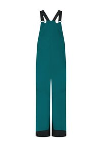 Teal waterdichte overall met zwarte accenten, wijde benen en verstelbare zwarte banden, ontworpen voor duurzaamheid en functionaliteit.