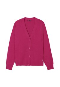 Cardigan fucsia realizzato in tessuto morbido, con scollatura a V, chiusura con cinque bottoni, polsini e orlo a costine con un piccolo dettaglio del logo.