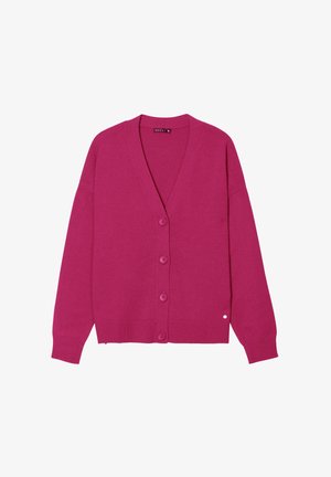 Fuchsia cardigan gemaakt van zachte stof, met een V-hals, vijf knoopsluitingen, geribde manchetten en zoom, en een klein logodetail.