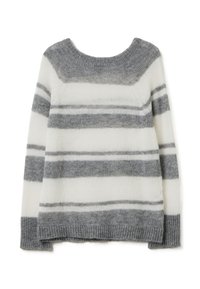 Leichter Strickpullover mit grauen und weißen Horizontalstreifen. Verfügt über einen Rundhalsausschnitt und gerippte Bündchen. Weiche Textur, lässige Passform.