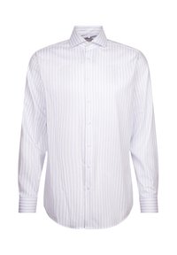 Camicia bianca a maniche lunghe con strisce verticali azzurro chiaro, colletto a polo, nastro frontale con bottoni e orlo arrotondato. Tessuto in cotone.