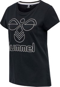 Camiseta de algodón negra con cuello redondo, que presenta un diseño gráfico blanco de una abeja estilizada y la palabra "hummel" en letras negritas.