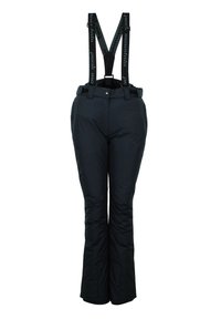 Black insulated ski pants with adjustable suspenders and a smooth texture. Features side pockets and a slight flare at the bottom.