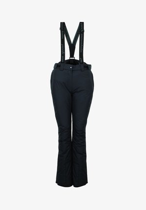 Pantalons de ski noirs isolés avec des bretelles ajustables et une texture lisse. Comprend des poches latérales et une légère évasement au bas.