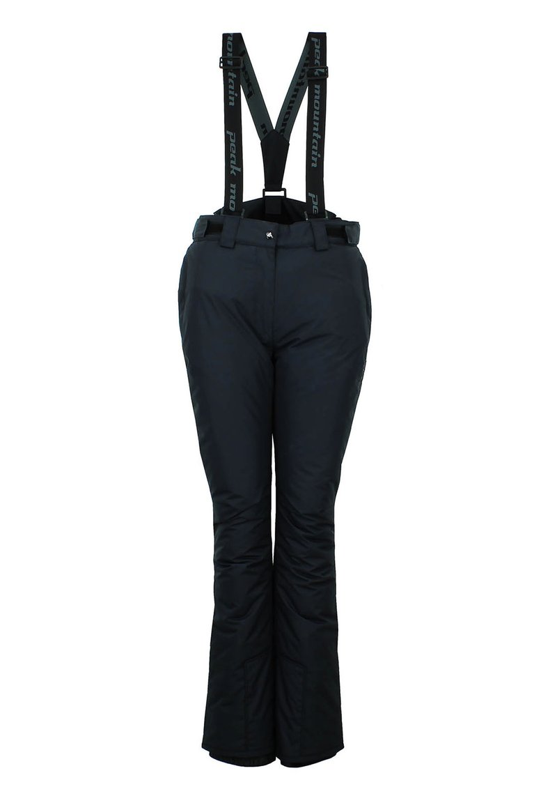 Black insulated ski pants with adjustable suspenders and a smooth texture. Features side pockets and a slight flare at the bottom.