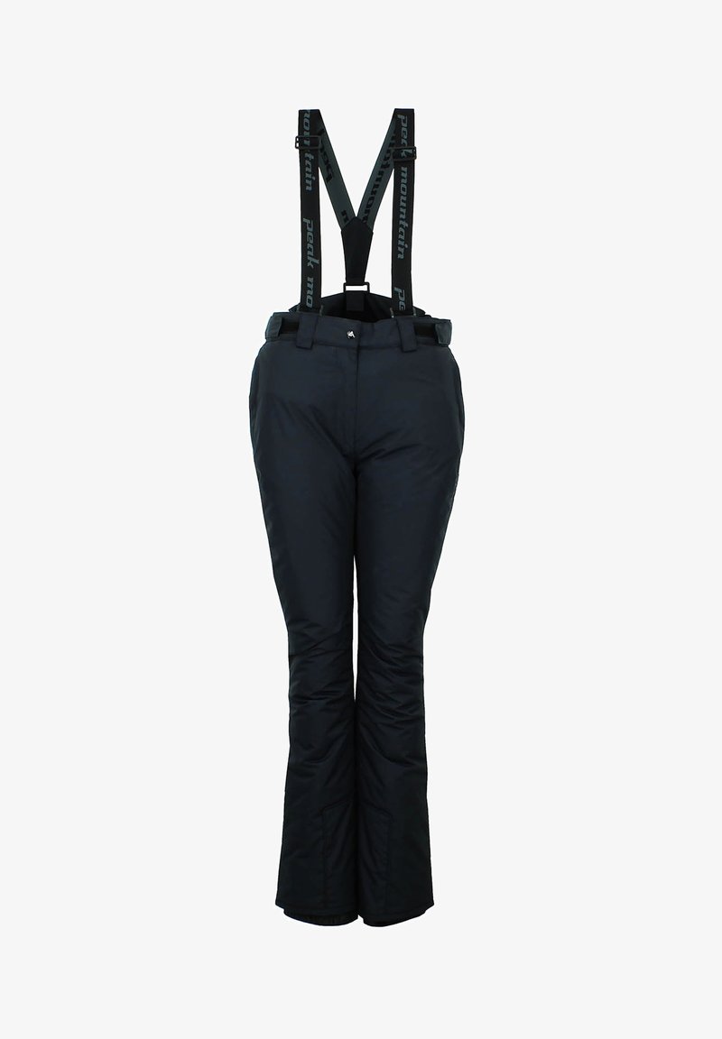Black insulated ski pants with adjustable suspenders and a smooth texture. Features side pockets and a slight flare at the bottom.