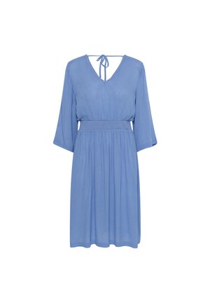 Robe bleu clair, longueur genoux, avec un décolleté en V, un lien à l'arrière, une taille élastique et des manches fluides. Tissu doux avec une texture lisse.
