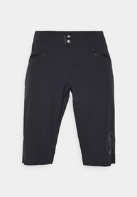 Shorts noirs en tissu léger, dotés d'une taille ajustée avec deux poches zippées à l'avant et de panneaux latéraux perforés pour ventilation.