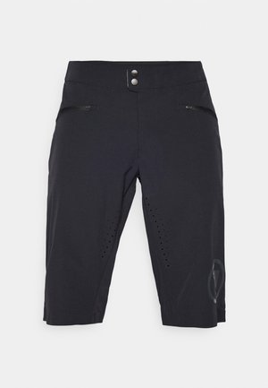 Black shorts made from a lightweight fabric, featuring a fitted waist with two front zip pockets and perforated side panels for ventilation.