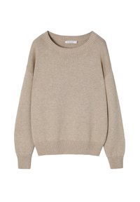 Beige gebreide trui met een ronde hals, dropped shoulders en geribde manchetten en zoom. Zachte textuur, relaxte pasvorm en minimale ontwerpdetailles.