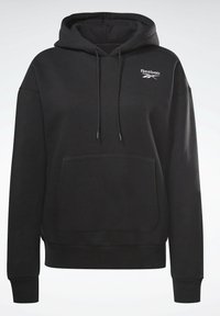 Felpa nera con cappuccio realizzata in tessuto morbido, dotata di tasca a marsupio, cappuccio con cordino e logo Reebok bianco sul petto.