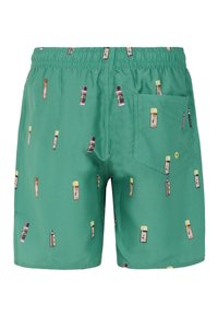 Groene shorts van een gladde stof, met meerkleurige flespatronen, een elastische tailleband en een achterzak met een knoopdetail.
