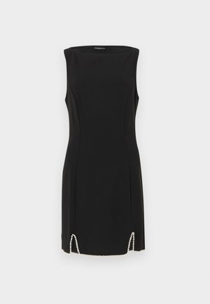 Black sleeveless dress with a fitted design, features a jewel-encrusted hemline, and smooth fabric with subtle curve seams.