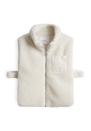 Gilet in pile color crema con colletto alto, zip frontale e superficie testurizzata. Presenta una piccola tasca in tessuto liscia sulla sinistra.