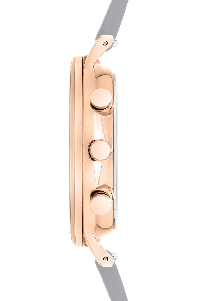 Gehäuse aus roségoldfarbigem Metall mit drei silbernen Tasten, montiert auf einem grauen Armband. Glatte Oberfläche und schlankes Design, Seitenansicht.