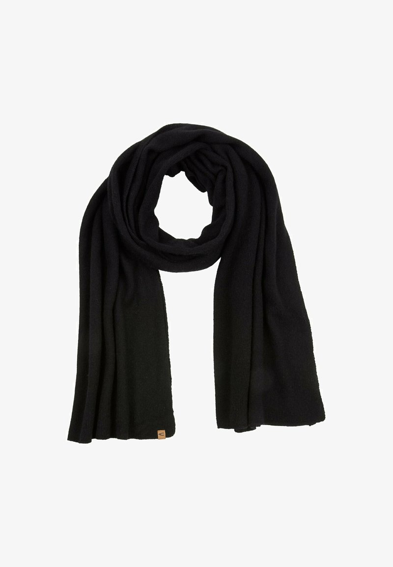 Écharpe noire en tissu doux et texturé, présentant un design lisse, drapée en boucle avec une petite étiquette logo à une extrémité.