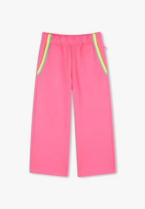 Pantalon de sport rose avec une taille élastique, doté de deux poches latérales et d'accents vifs à rayures arc-en-ciel le long des poches.