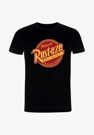 Black cotton t-shirt featuring a red and yellow circular graphic with "Medicated Rust-eze Bumper Ointment Rear End Formula" text.