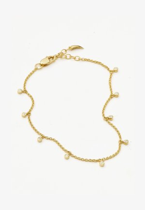 Brățară din lanț de aur cu accente metalice rotunde mici, având pietre clare încorporate, creând un design delicat și complex.