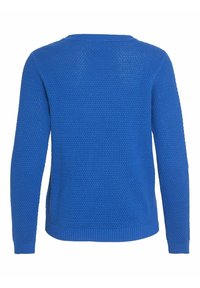 Blått stickat tröja med en texturerad mönster, långa ärmar, rund hals och en ribbad nederkant och muddar. Bakifrån visas en sömlös design.