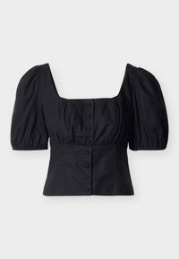 Blouse noire courte avec manches courtes bouffantes, encolure carr ée et fermeture à boutons à l'avant sur un fond uni.