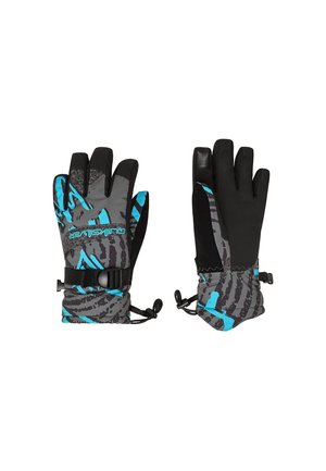 Une paire de gants d'hiver gris et noir avec des accents abstraits bleus, des sangles réglables au poignet et des fermetures à cordon élastique.